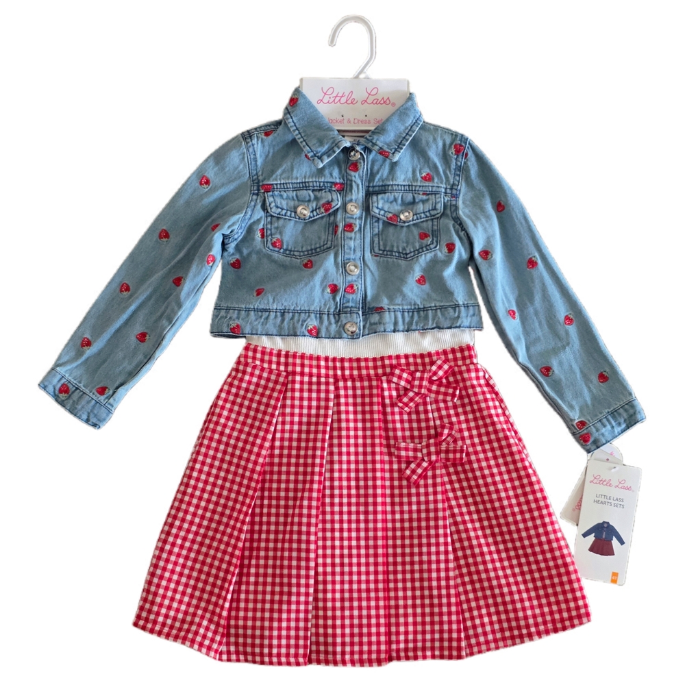Little Lass - Girls' Denim Strawberry Jacket & Red Gingham Dress Set